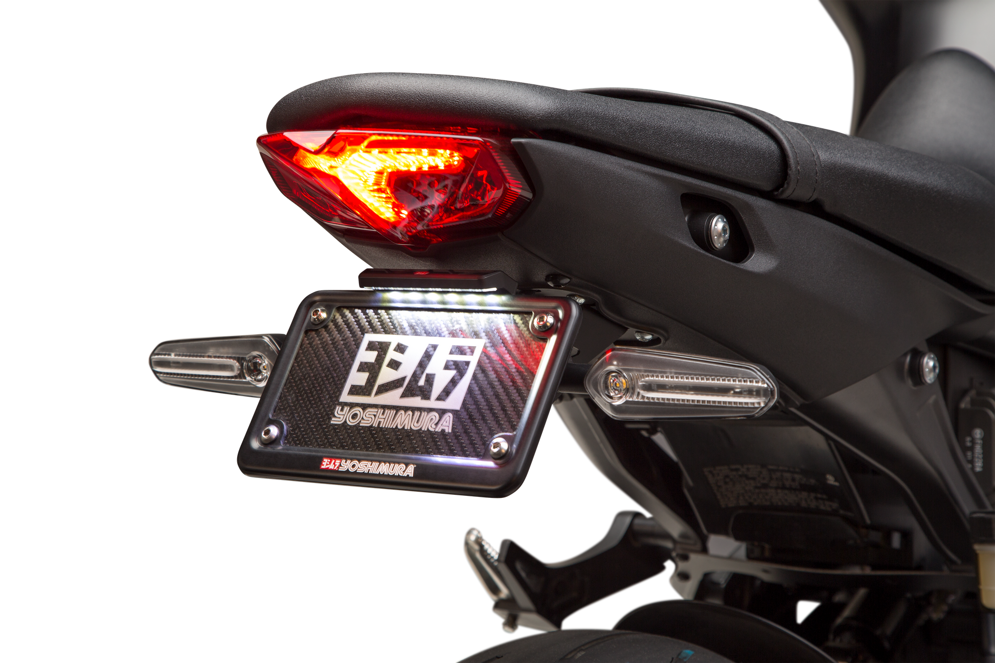 YOSHIMURA Fender Eliminator Kit for Yamaha motorcycles, showing sleek black metal mount and integrated license plate holder.