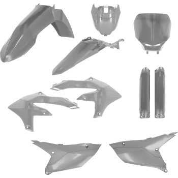 Acerbis gray full replacement body kit for motorcycles, showing assembled panels and sleek aerodynamic design.