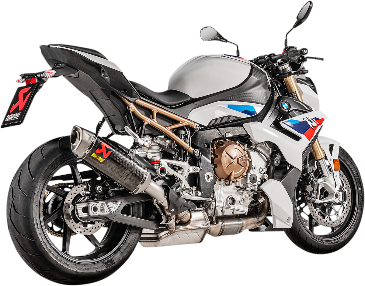 AKRAPOVIC Slip-On Line muffler for BMW S 1000 R motorcycle, featuring sleek exhaust design and branding.