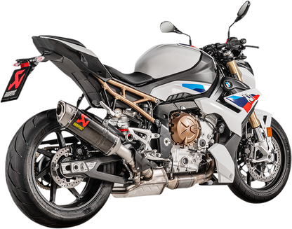 AKRAPOVIC Slip-On Line muffler for BMW S 1000 R motorcycle, featuring sleek exhaust design and branding.