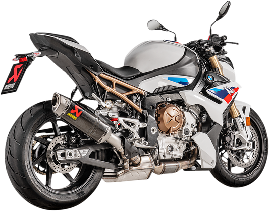 AKRAPOVIC Slip-On Line muffler for BMW S 1000 R motorcycle, featuring sleek exhaust design and branding.