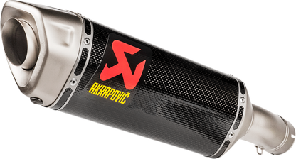 AKRAPOVIC Slip-On Line Muffler for BMW S 1000 R motorcycle, silver and black exhaust with branding details visible.