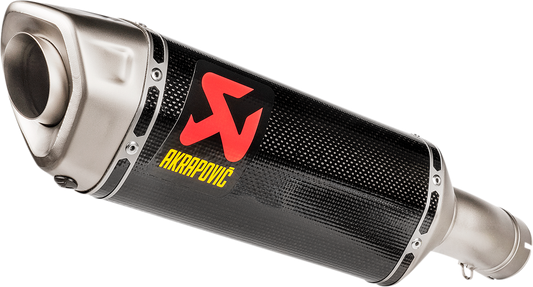 AKRAPOVIC Slip-On Line Muffler for BMW S 1000 R motorcycle, silver and black exhaust with branding details visible.