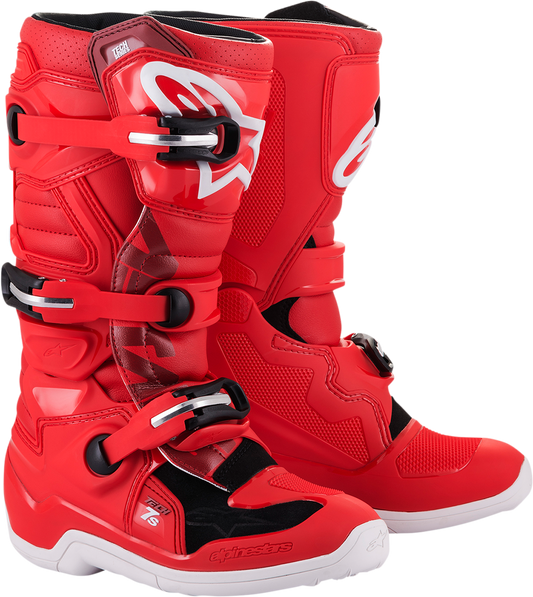 Alpinestars Youth Tech 7S motorcycle boots in red with black accents, US size 8, EU 42, featuring durable construction and protective design.