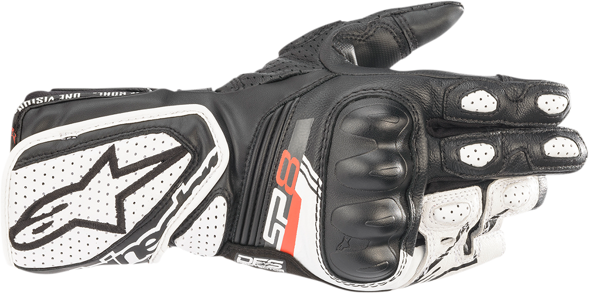 Alpinestars Stella SP-8 V3 women's motorcycle gloves in black and white, large size, featuring protective padding and textile material.