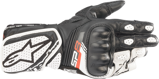 Alpinestars Stella SP-8 V3 women's motorcycle gloves in black and white, size XL, with protective padding and adjustable wrist strap.