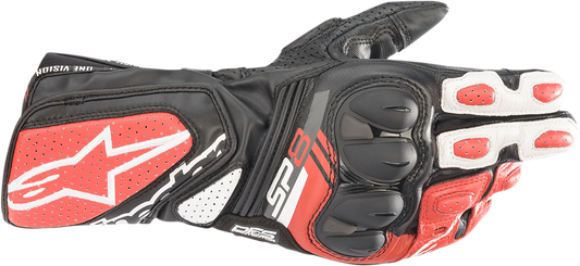 Alpinestars SP-8 V3 motorcycle gloves in black, white, and red with protective knuckles and breathable fabric, small size.
