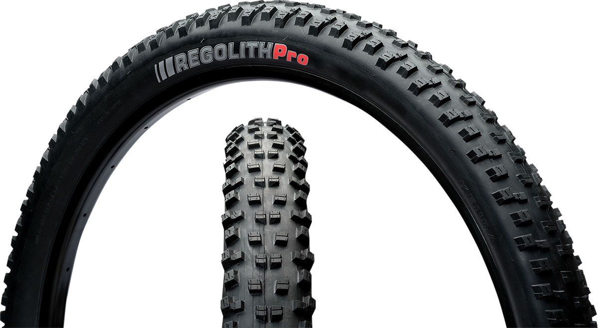 Kenda Bicycle Regolith Pro mountain bike tire 27.5 x 2.60 for e-mountain bikes, showing tread pattern and sidewall details.