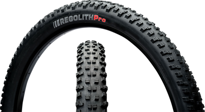 Kenda Bicycle Regolith Pro mountain bike tire 27.5 x 2.60 for e-mountain bikes, showing tread pattern and sidewall details.