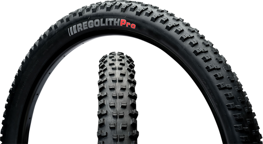 Kenda Bicycle Regolith Pro mountain bike tire 27.5 x 2.60 for e-mountain bikes, showing tread pattern and sidewall details.
