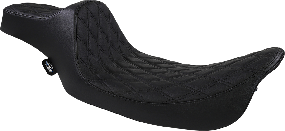 Extended Reach Predator III Seat for Harley FL '99-'07 by Drag Specialties, black double diamond stitching and contoured design.