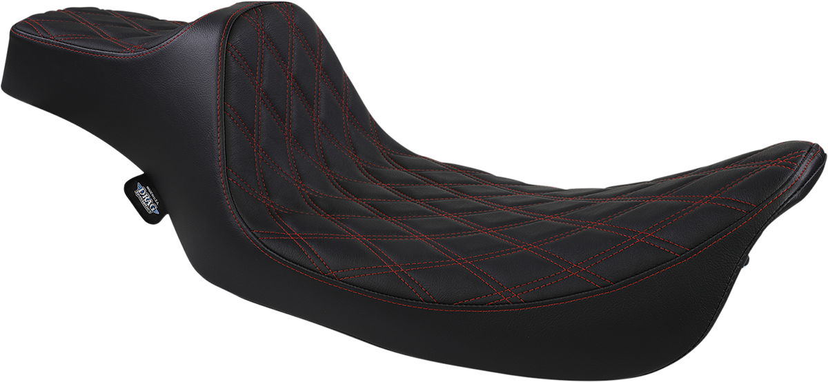 Black Drag Specialties Predator III extended reach motorcycle seat with red stitching for Harley FL models 1999-2007.