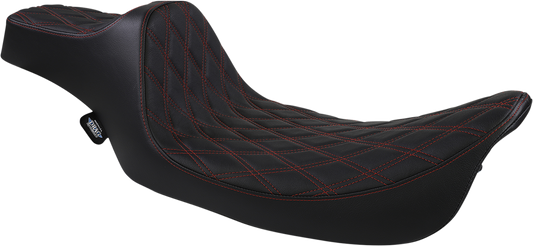 Black Drag Specialties Predator III extended reach motorcycle seat with red stitching for Harley FL models 1999-2007.