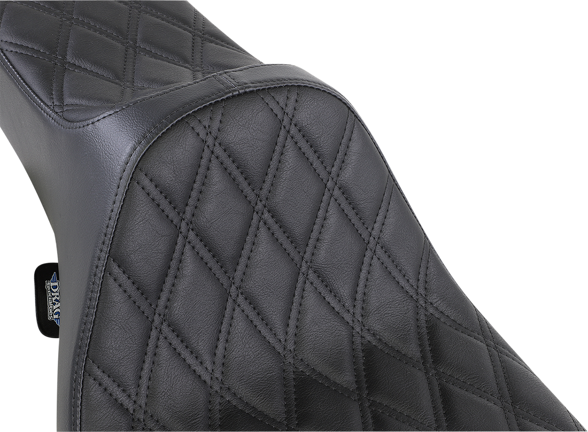 Drag Specialties Predator III extended reach motorcycle seat for Harley FL '99-'07 with black double diamond stitching.