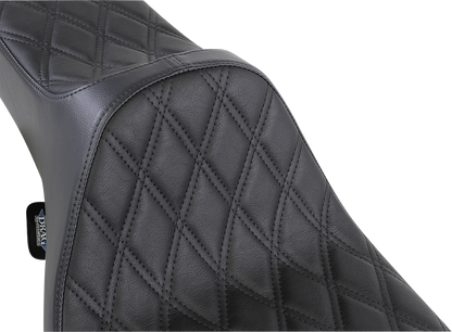 Drag Specialties Predator III extended reach motorcycle seat for Harley FL '99-'07 with black double diamond stitching.