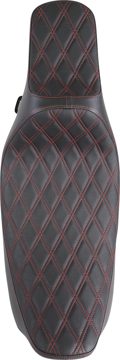 Drag Specialties Predator III extended reach motorcycle seat for Harley FL models, black with red stitching, comfortable and stylish.