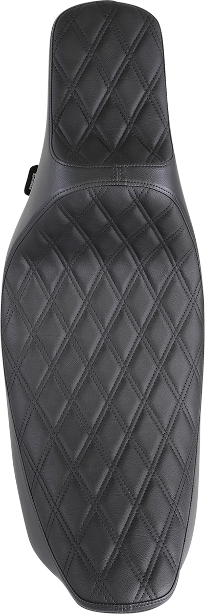 Drag Specialties Predator III extended reach seat for Harley FL '99-'07 with black double diamond stitching, stylish motorcycle seat.