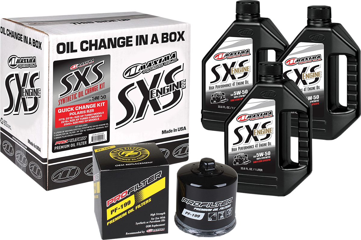 MAXIMA Racing Oil SXS Synthetic Oil Change Kit for Polaris Turbo, 5W-50, includes oil bottle and filter components.