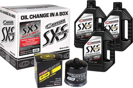 MAXIMA Racing Oil SXS Synthetic Oil Change Kit for Polaris Turbo, 5W-50, includes oil bottle and filter components.