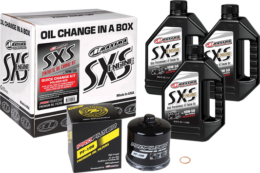 Maxima Racing Oil SXS synthetic oil change kit for Polaris Turbo 10W-50, including oil bottles and accessories.