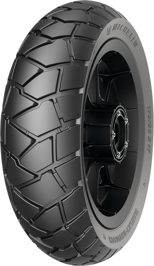 Michelin Scorcher Adventure rear motorcycle tire 170/60R17 for Harley-Davidson Pan America, featuring rugged tread pattern