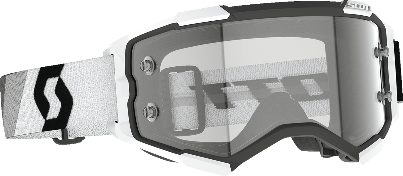 Scott Fury Goggle by Bill's Exhausts in premium black and white with clear lenses, featuring a sleek, aerodynamic design.