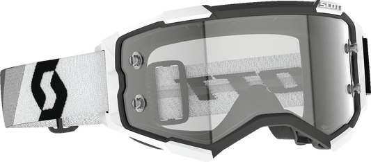 Scott Fury Goggle by Bill's Exhausts in premium black and white with clear lenses, featuring a sleek, aerodynamic design.