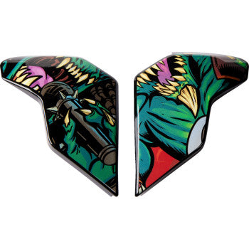 Red ICON Airflite™ side plates for helmets, featuring bold design and high-quality construction, by Bill's Exhausts.