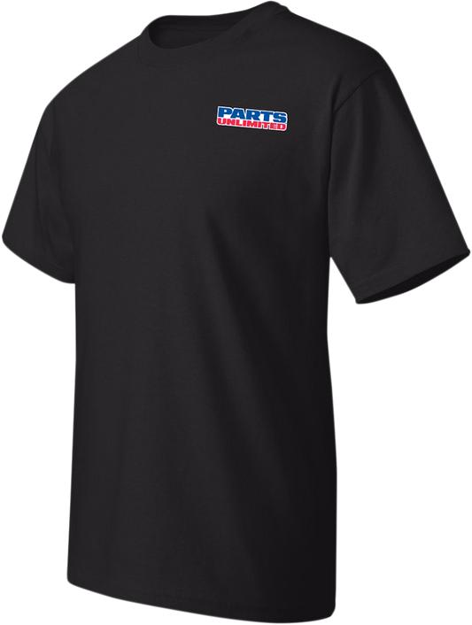 Black Parts Unlimited 3XL T-shirt with logo front view, casual short-sleeve shirt for motorcycle or casual wear.