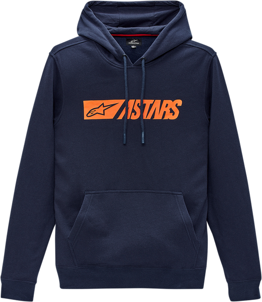 Alpinestars Reblaze Hoodie in navy and orange with front logo, ribbed cuffs, made of comfortable cotton-poly blend.