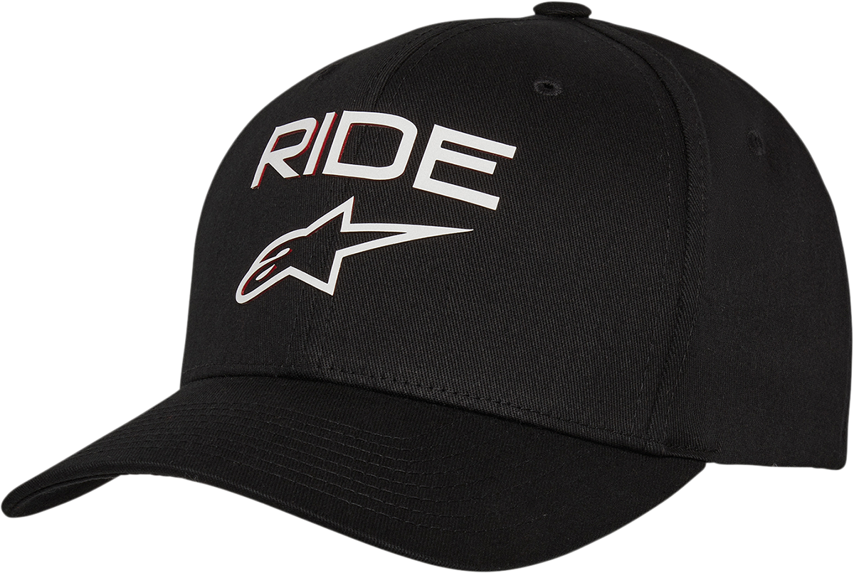 Alpinestars Ride Transfer Hat in black and white, large/x-large, with Alpinestars logo on front and adjustable strap.