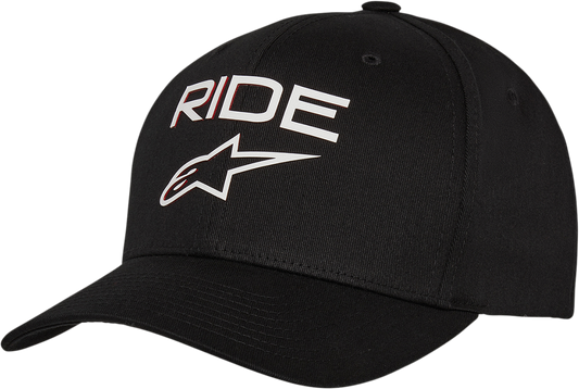Alpinestars Ride Transfer Hat in black and white, large/x-large, with Alpinestars logo on front and adjustable strap.