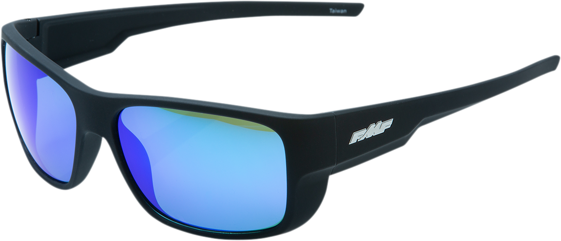 FMF Throttle sunglasses matte black frame with blue mirror lenses, sporty design, and UV protection.