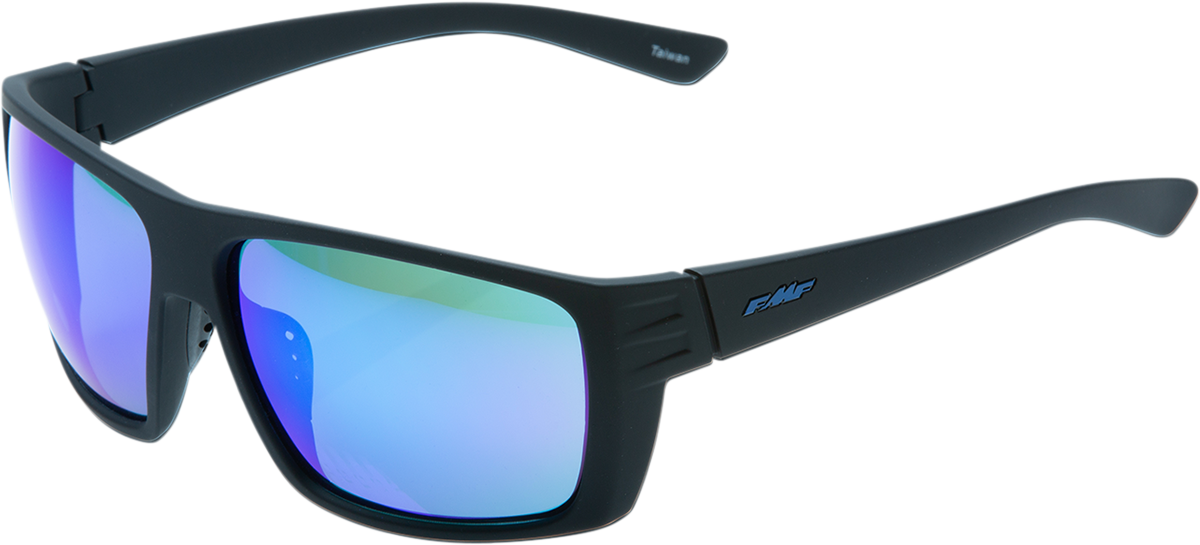 FMF Pit Stop sunglasses in matte black with blue mirror lenses, featuring sporty design and UV protection.