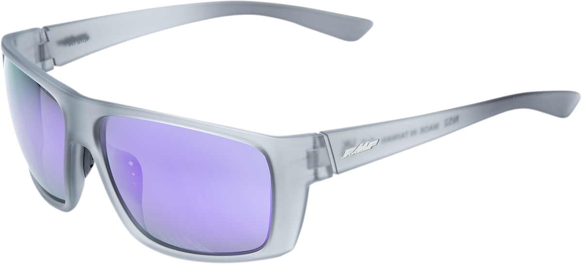 FMF Pit Stop sunglasses with matte crystal smoke frames and purple mirror lenses, stylish and protective eyewear.