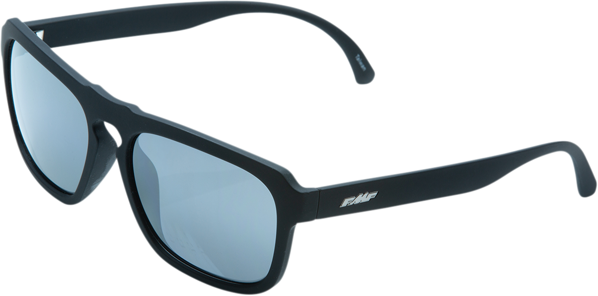 FMF Emler sunglasses in matte black with silver mirror lenses, showcasing stylish eyewear with reflective lenses.