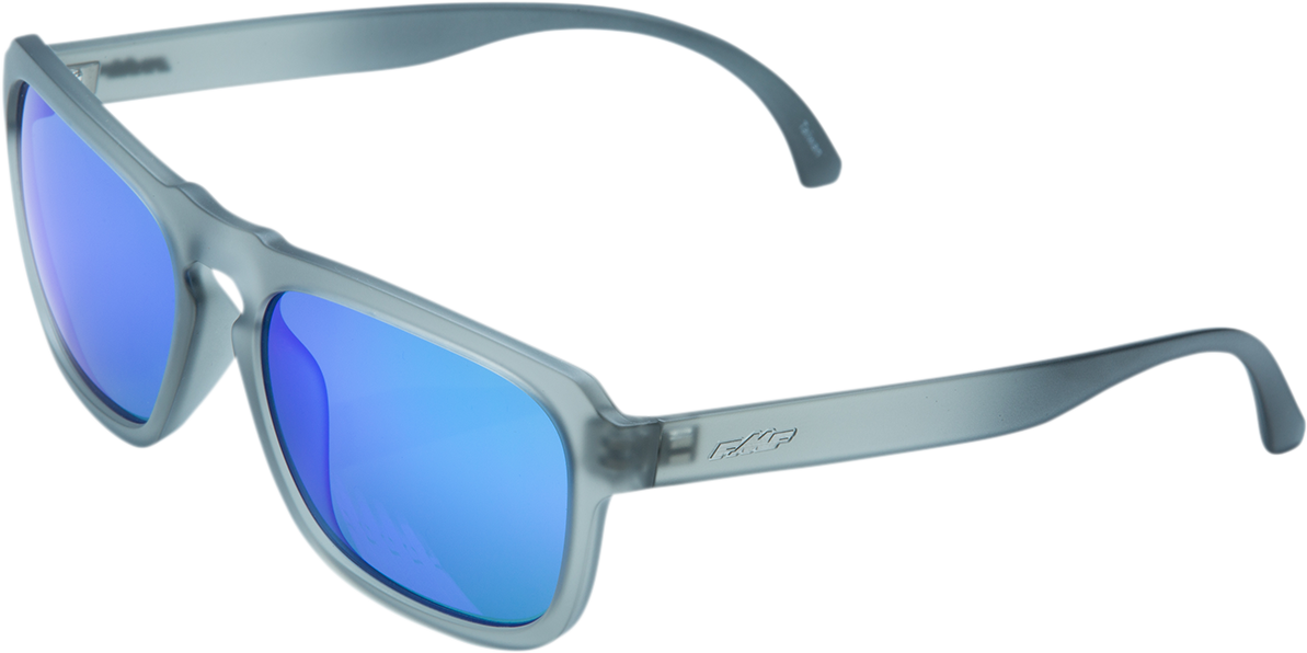 FMF Emler sunglasses with matte crystal smoke frame and blue mirror lenses, stylish and protective eyewear for outdoor activities.