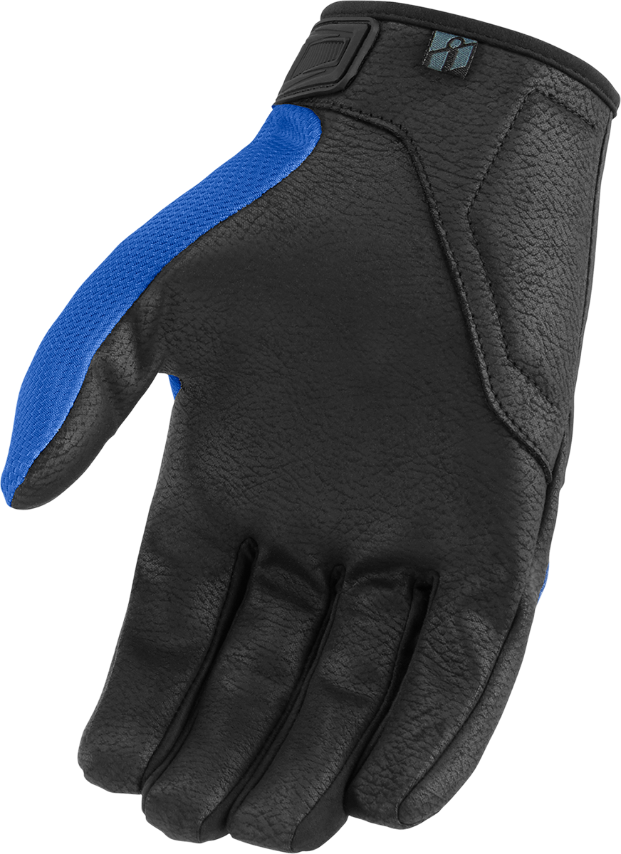 Blue ICON Hooligan™ CE gloves for motorcycle riding, medium size, with reinforced palms and protective features.