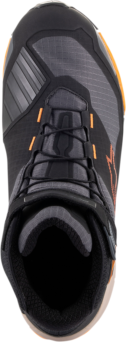 Alpinestars CR-X Drystar® motorcycle shoes in black, brown, and orange with durable leather and protective features.