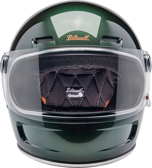 BILTWELL Gringo SV helmet in metallic Sierra green, XS size, featuring a sleek motorcycle helmet design with ventilation vents.