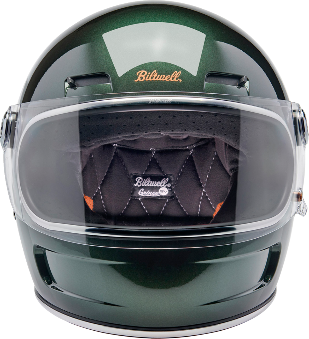 BILTWELL Gringo SV helmet in metallic Sierra green, large size, with a sleek aerodynamic design for motorcycle riding.