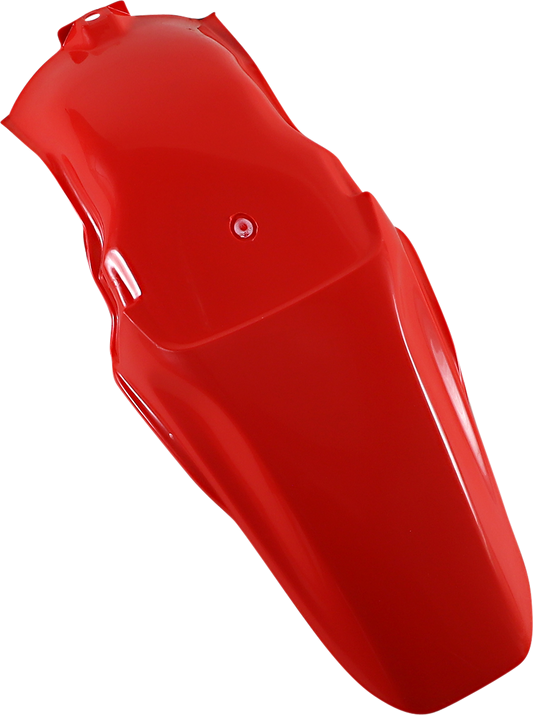 A red Acerbis rear fender for motorcycle, featuring the body design with mounting points, branded by Bill's Exhausts.