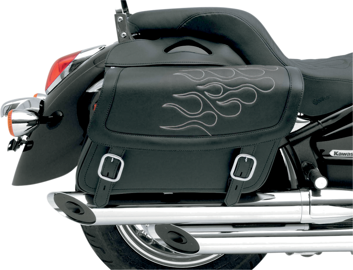 Large silver Saddlemens Flame Saddlebag for seats, featuring detailed flame design, designed for motorcycle storage.