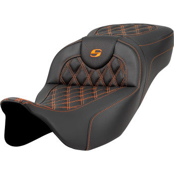 Bill's Exhausts SADDLEMEN Roadsofa™ extended reach seat with lattice stitch and orange accents, without backrest, for FL 2008-2023.