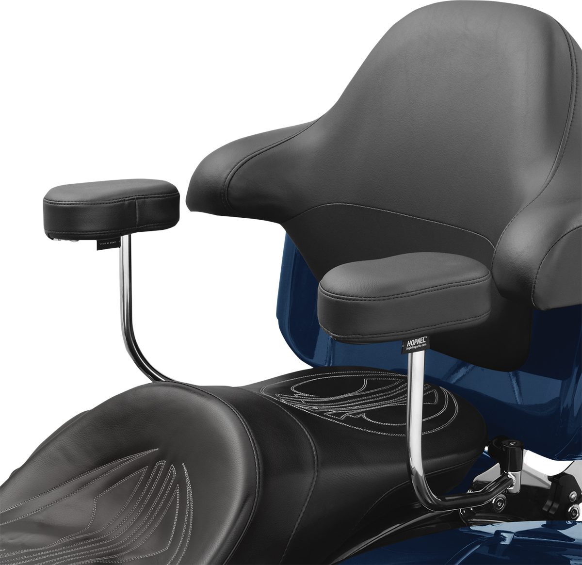 Chrome passenger armrest for FLH motorcycles, designed by Bill's Exhausts, with visible mounting hardware in the image.