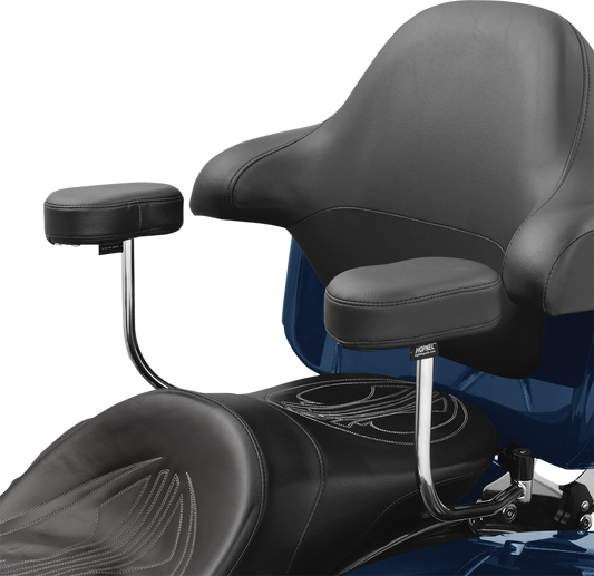Chrome passenger armrest for FLH motorcycles, designed by Bill's Exhausts, with visible mounting hardware in the image.