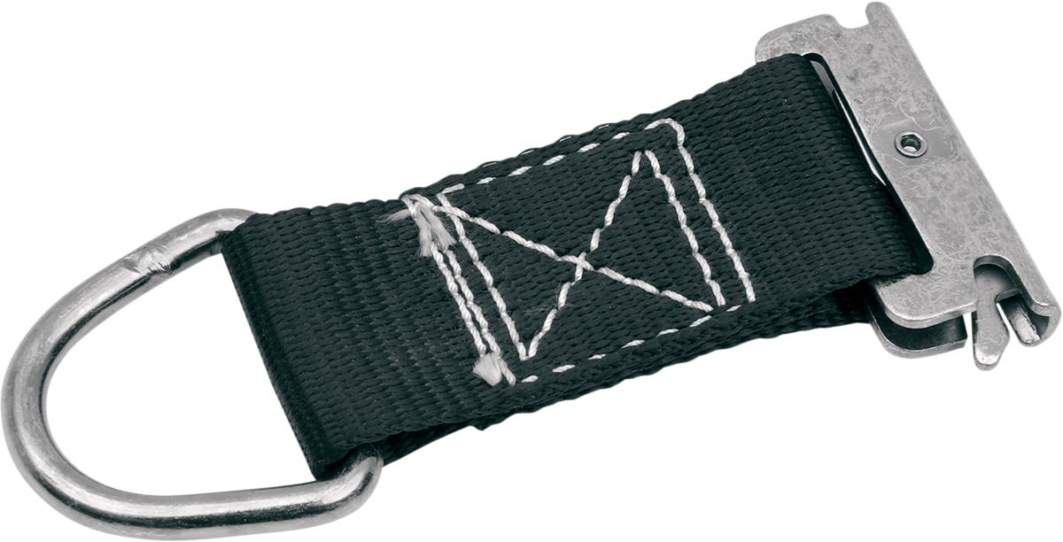 Black 7-inch PARTS UNLIMITED E-Track strap with adjustable buckle for securing cargo, shown in close-up.