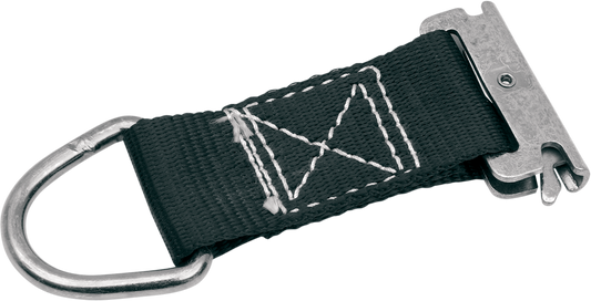 Black 7-inch PARTS UNLIMITED E-Track strap with adjustable buckle for securing cargo, shown in close-up.