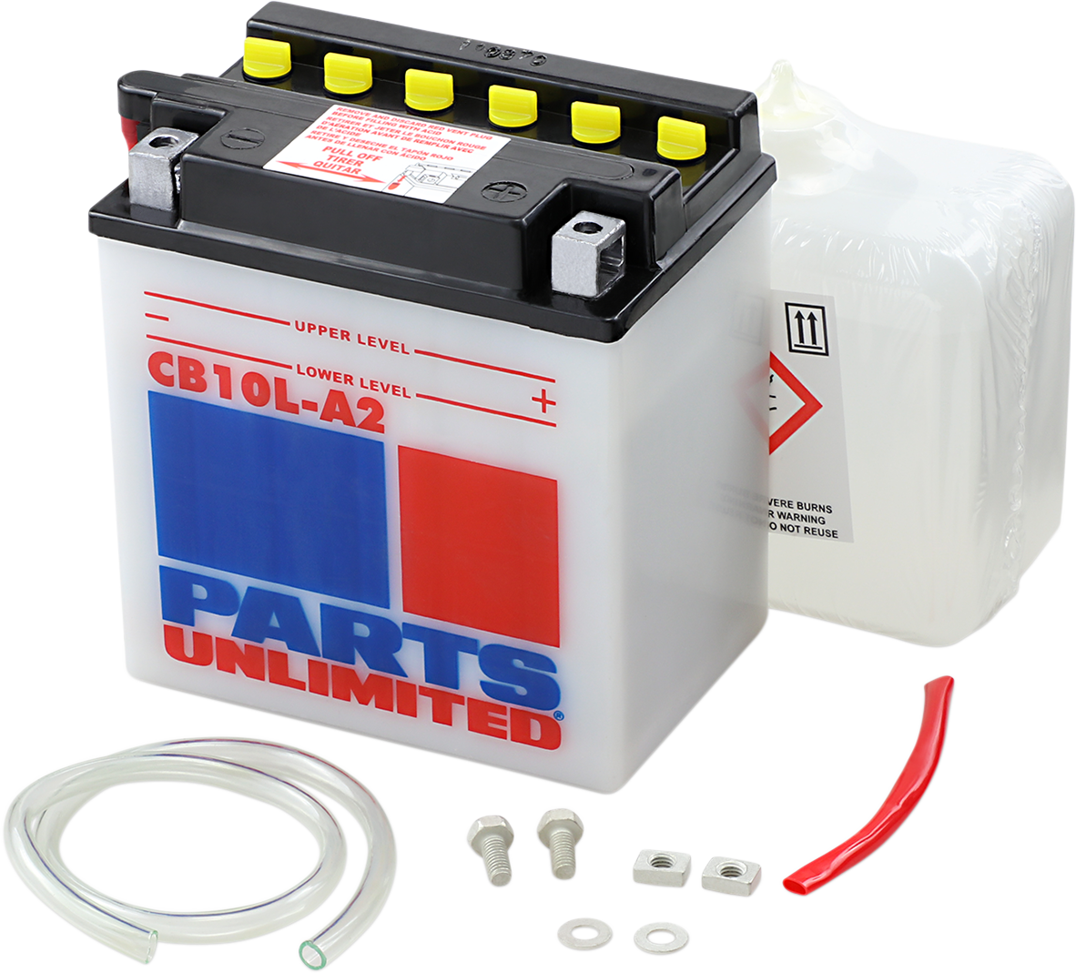 Heavy-duty motorcycle battery by Parts Unlimited, CB10L-A2 model, designed for reliable starting power on motorcycles.