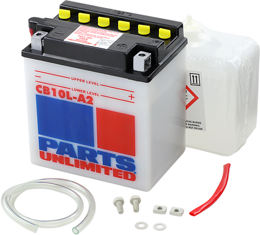 Heavy-duty motorcycle battery by Parts Unlimited, CB10L-A2 model, designed for reliable starting power on motorcycles.